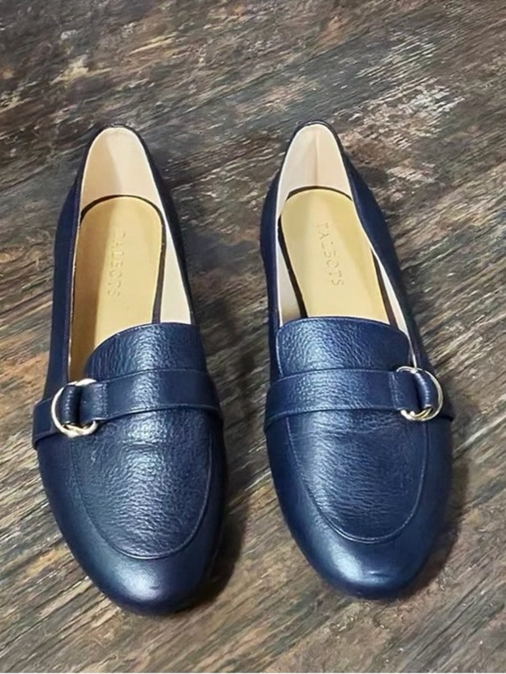 Talbots Navy Leather Loafers with Silver Ring Accent